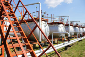 Tanks in the field after hydrostatic testing with hydrostatic testing corrosion inhibitor protection.