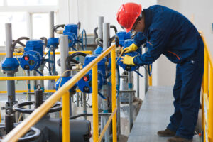 Pipe being hydrostatic tested with water treatment concentrate