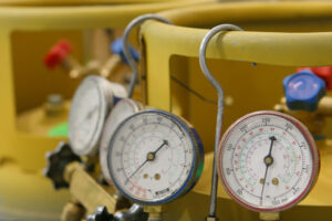 Close-up of water pressure gauges used in hydrostatic testing