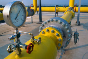 Pipeline with water pressure gauges during hydrostatic testing