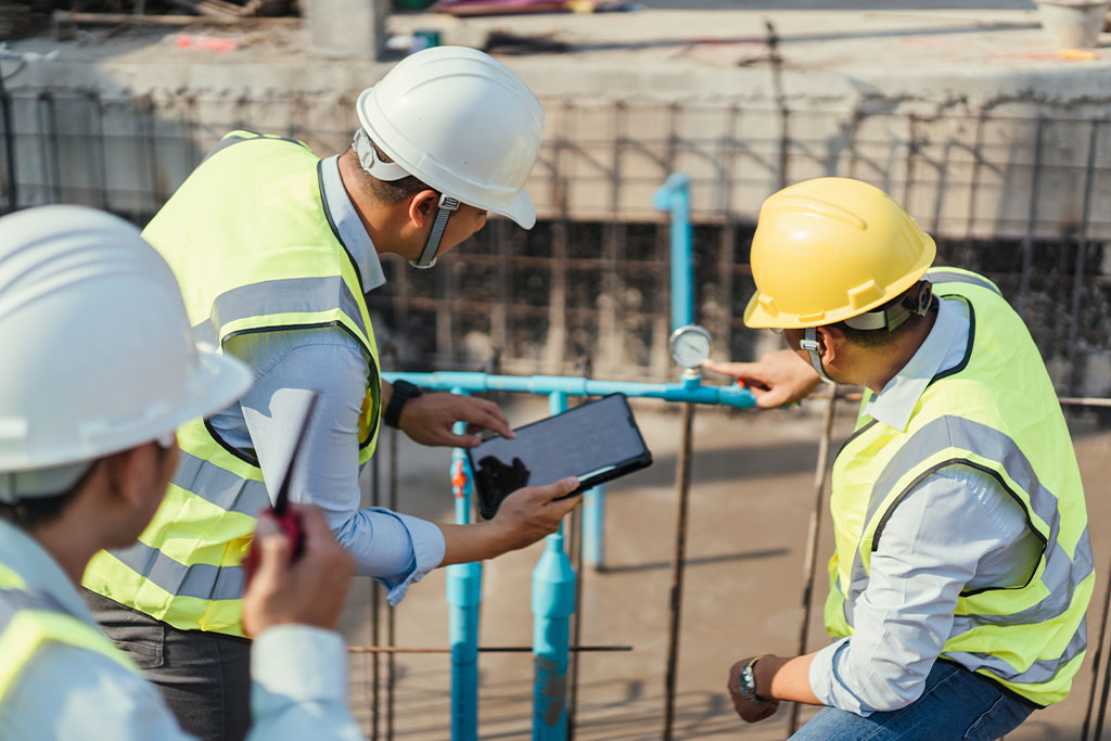 Workers examining a pressure valve during pneumatic pressure testing on-site for leak detection.