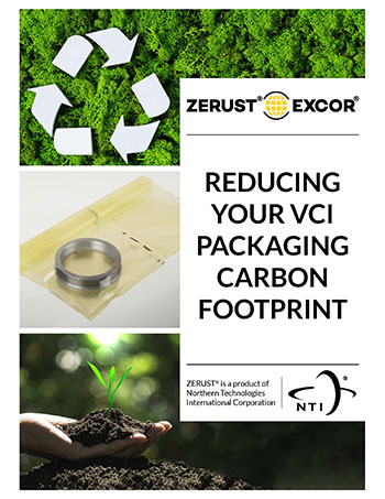 Cover of ZERUST/EXCOR's brochure titled "Reducing your VCI Packaging Carbon Footprint," featuring imagery that reflects sustainable VCI technology and environmental stewardship.