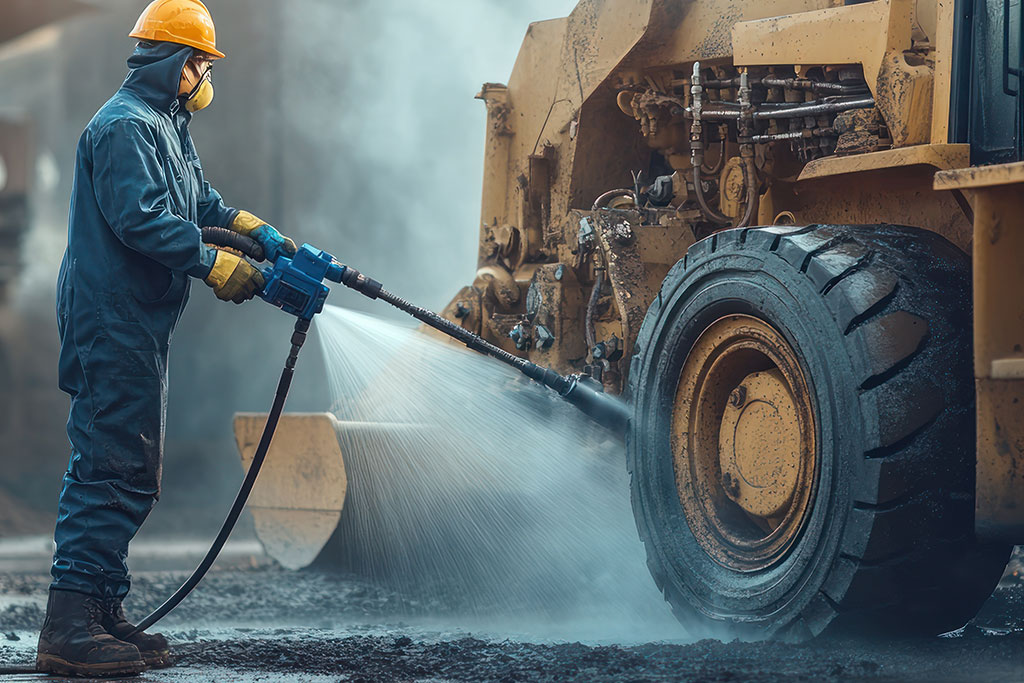 Mining equipment being pressure-washed with AxxaVis HST-20L for chloride removal.