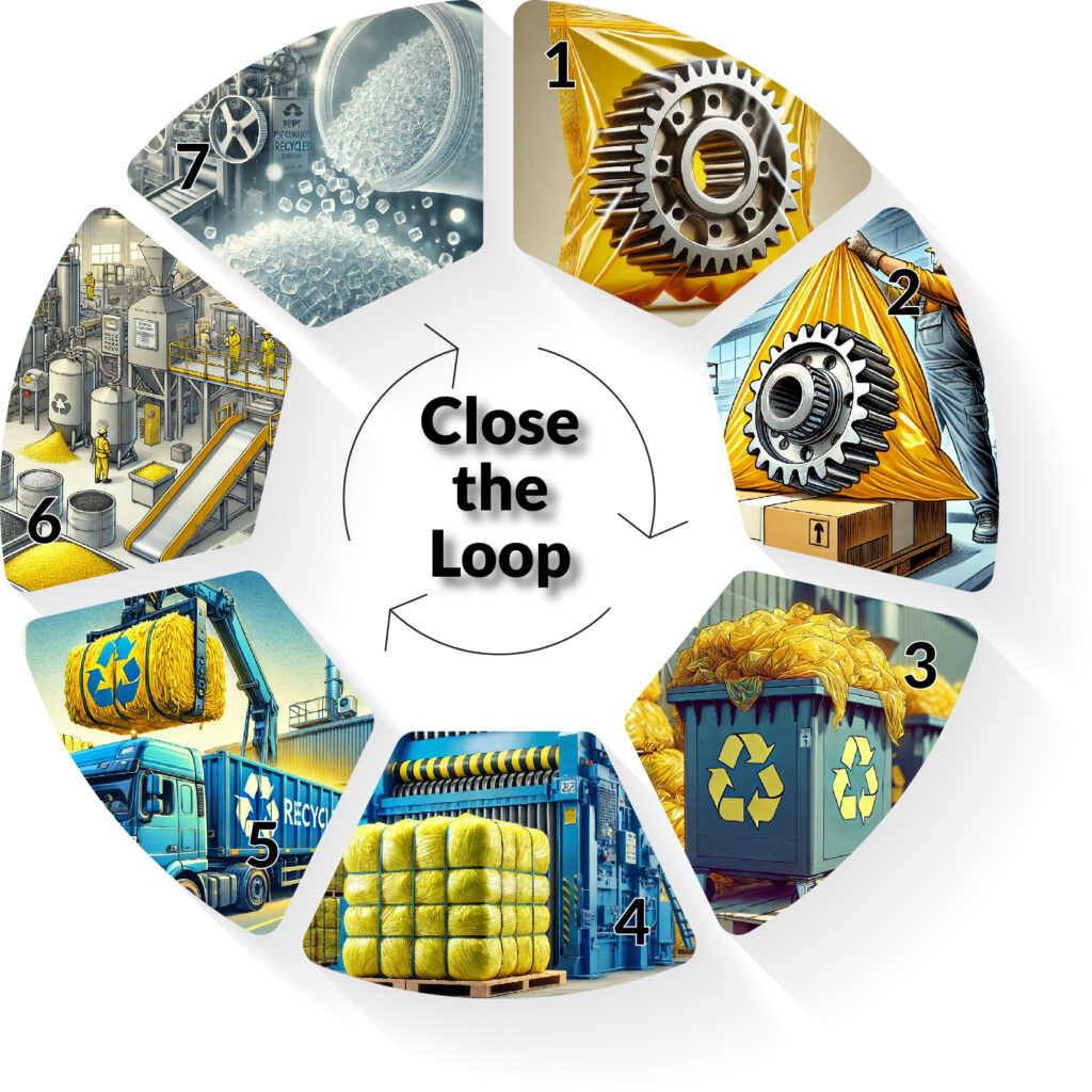 ZeCycle infographic showing the recycling process from collection to new VCI packaging.